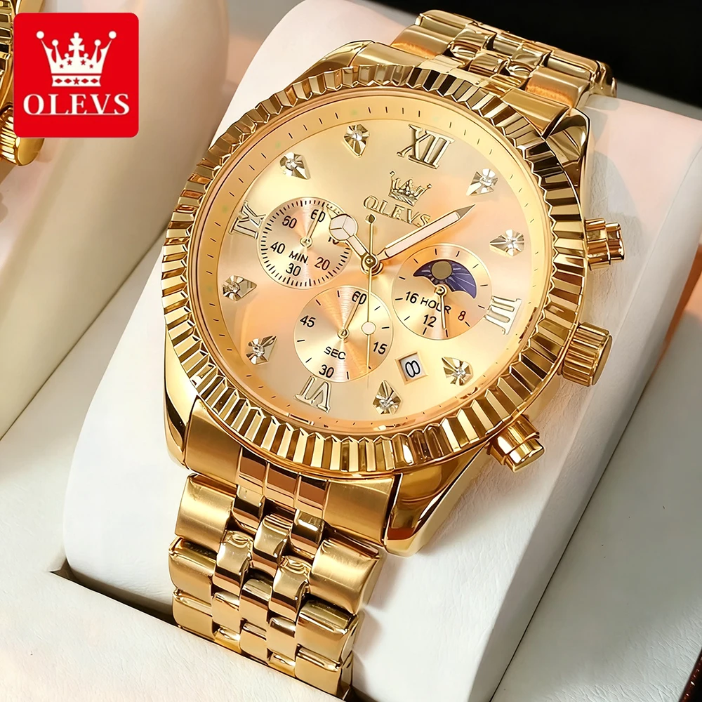 

OLEVS Men's Watches Luxury Classic Fine Steel Chronograph Original Quartz Wristwatch for Man Moon Phase Luminous Waterproof Date