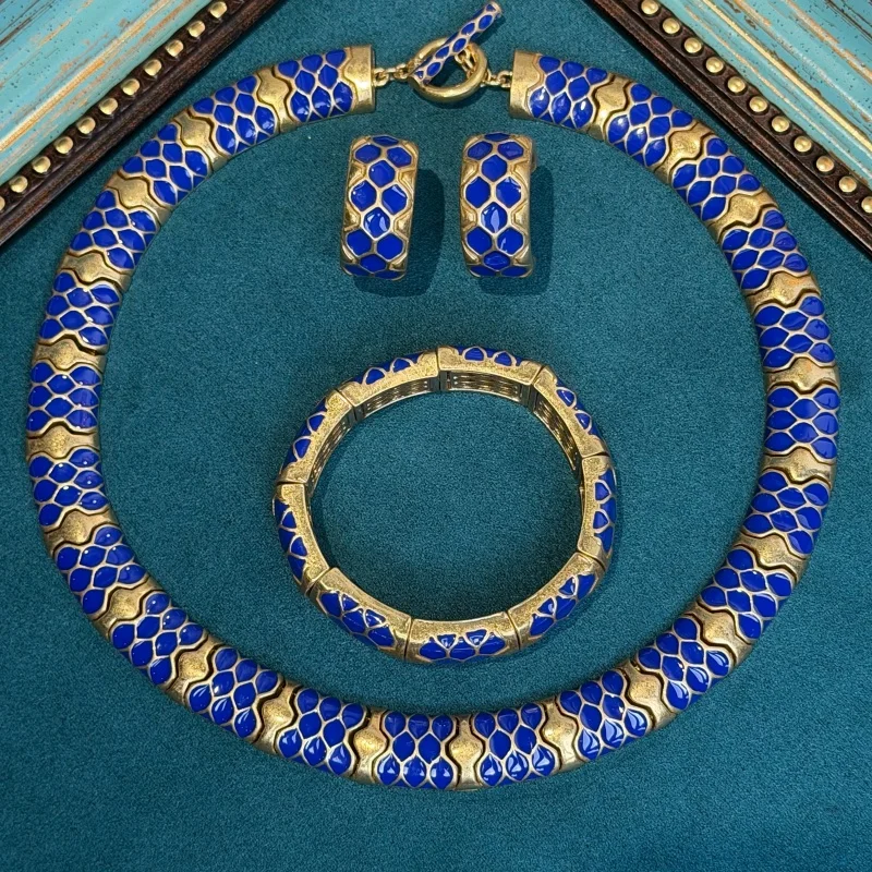 Vintage Blue Enamel Snake Pattern Jewelry Sets Luxury Natural Stone For Woman Necklace Earrings Bracelet Festival Party Gift New