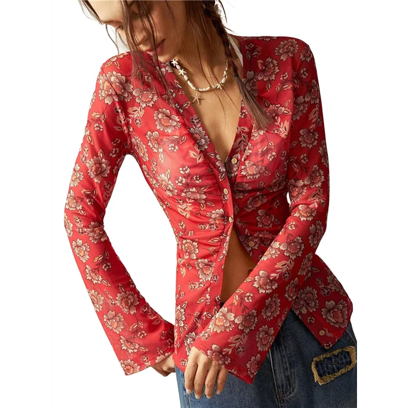 A09P Chemises à manches longues pour femmes, chemisiers Boho à imprimé floral, boutonné, col en V, hauts ajustés