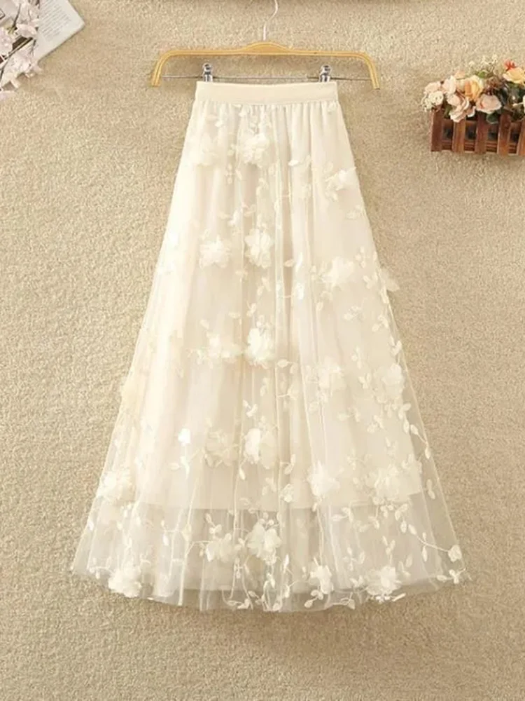 

3D Floral Women Long Skirt Elegant Vintage High Waist Sweet A Line Skirts French Vintage Casual Spring Summer Retro Long Skirt