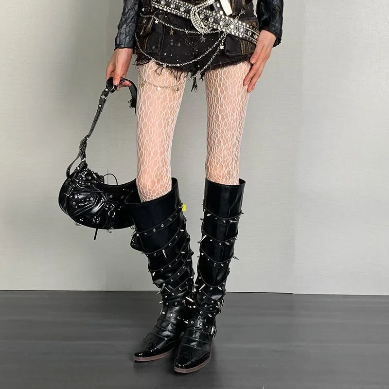 Women Sexy Tights Medium Grid High Waist Silk Stockings Punk Gothic Irregular Mesh Fishnet Hollow Out Pantyhose Subculture Black