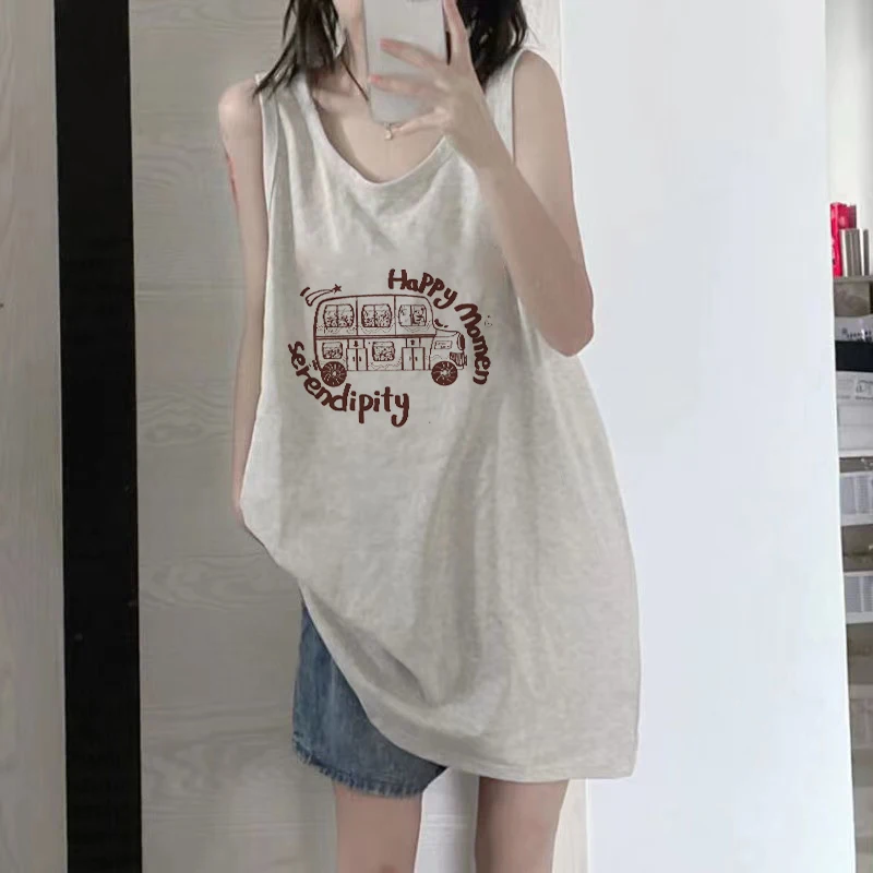 American Retro Pure Cotton Strap Sports Tank Top Sleeveless T-Shirt Women Summer Outdoor Loose Basketball Clothes Upper Body