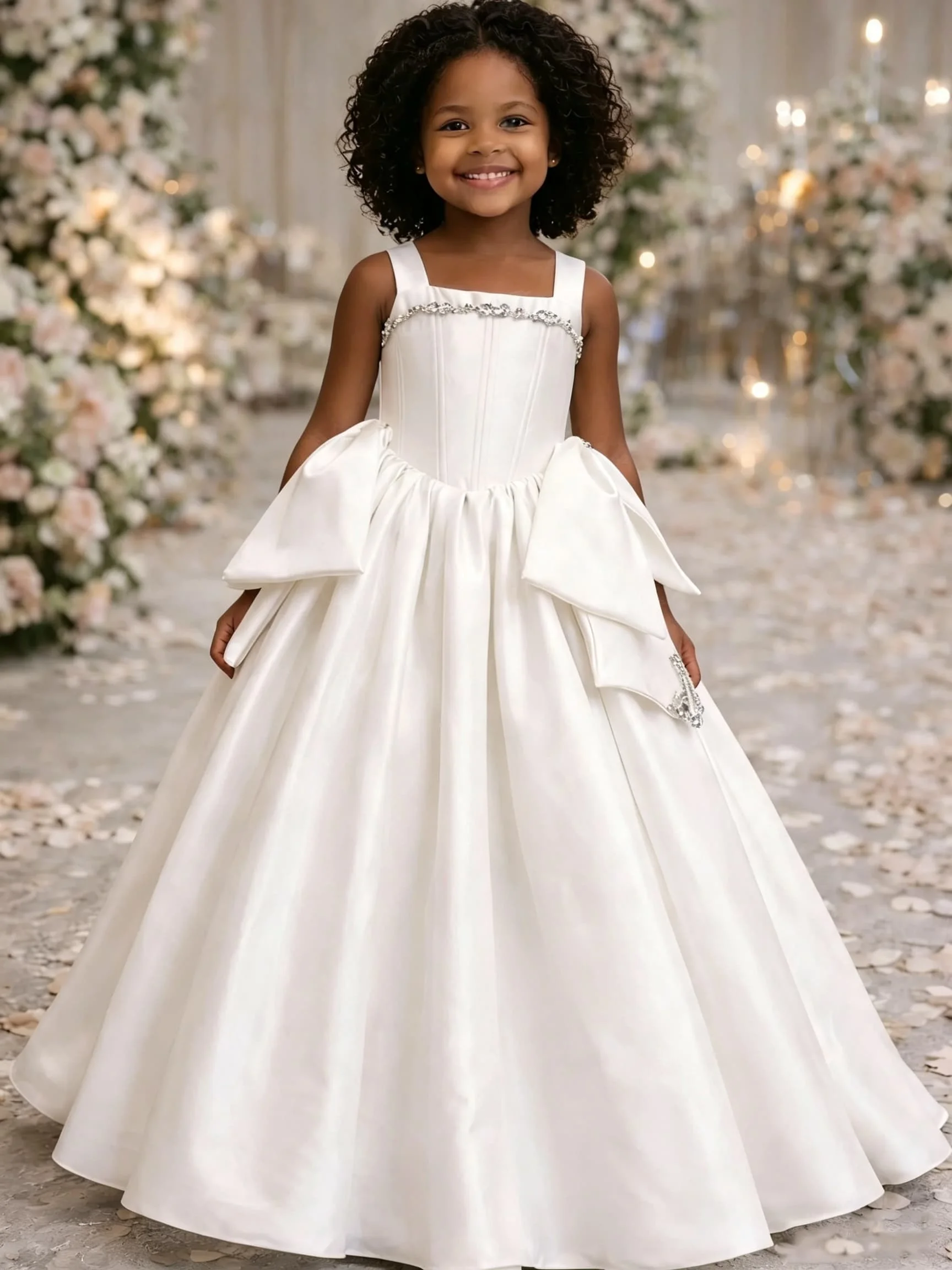 Maßgeschneidertes rosa Blumenmädchenkleid für Hochzeit, Schleife, Perlen, Perlenstickerei, ärmellos, bodenlang, Kindergeburtstag, Erstkommunionkleid – Detail 2