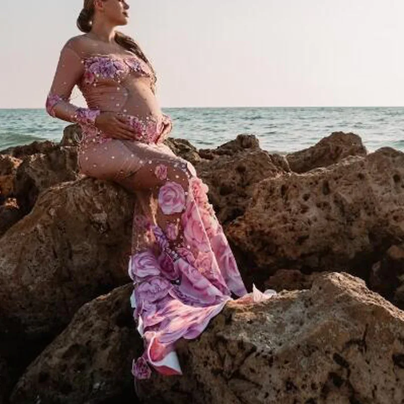 

New 2024 Shiny Diamonds Romantic Pink Rose Elegant Maxi Maternity Dress Photoshoot Sexy Dress