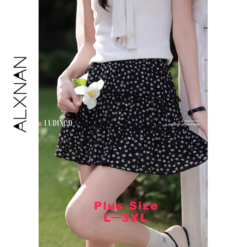 

Юбка ALXNAN для полных женщин, черная, с цветочным принтом, мини, А-силуэт, милая юбка-«торт», летняя, для отпуска, пляжная, повседневная, женская одежда, D12101