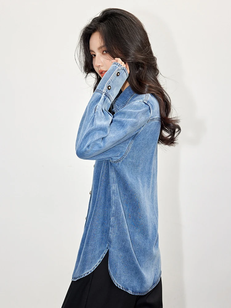 Women Retro Denim Shirt 2024 Casual Loose Long Sleeve Shirt Tops Fashionable Versatile Denim Jacket Coat