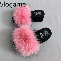 Lady Fuzzy Slides Luxury Fur Slippers Women Raccoon Fur Slides Woman 5.5CM Platform Shoes 2026 New Fluffy Summer Sandals Wedges