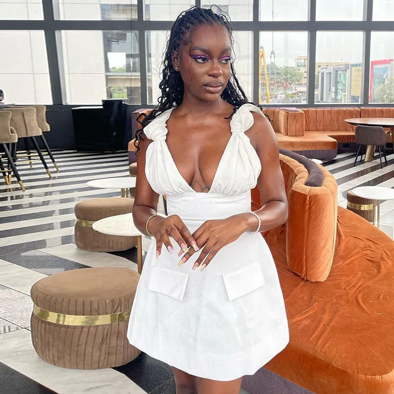 V คอเซ็กซี่ Club Party ชุดผู้หญิงฤดูร้อนเอวสูงกระเป๋าปลอม A-word ชุดกระโปรง Slim เหมาะกับ Sheath Bodycon Mini Dress