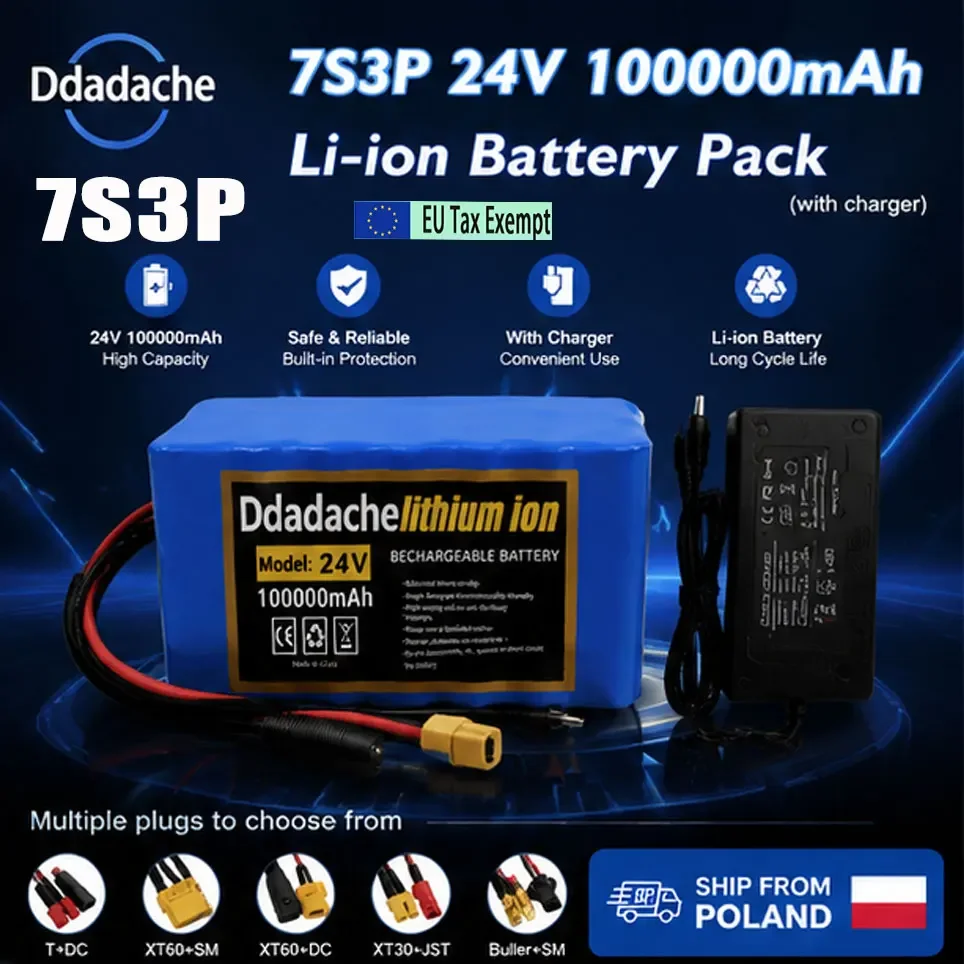 Batteria di ricambio per e-bike, ciclomotore elettrico e scooter elettrico, magazzino locale UE, 7S3P 24V 100Ah, pacco batteria al litio ricaricabile 18650 con caricabatterie 29.4V 2A
