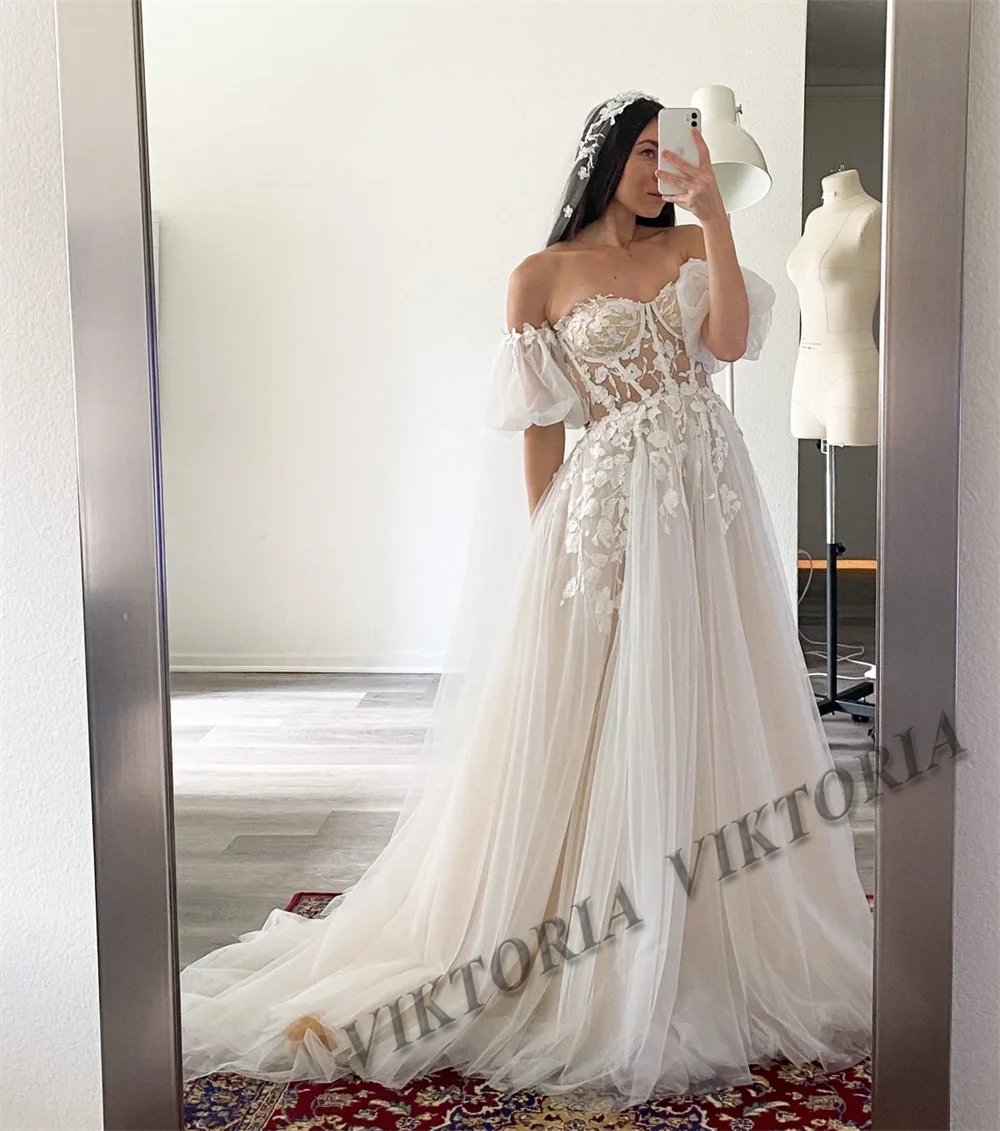 VIKTORIA Stylish Wedding Dresses For Woman Bridal A-LINE Lacing Up Sweetheart lantern Sleeves Vestidos De Novia Customized