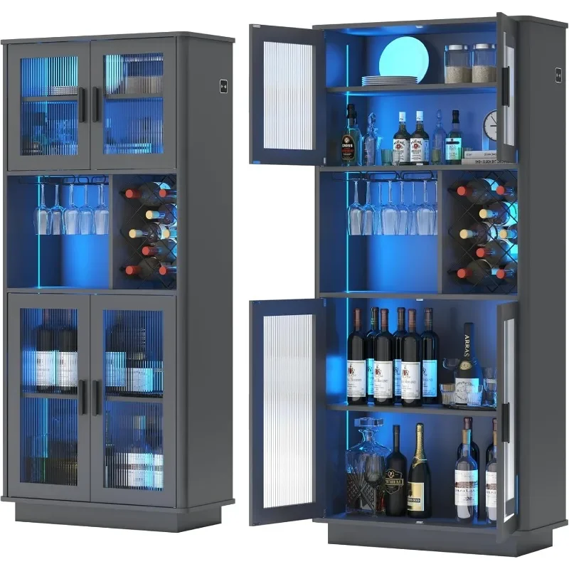 LVSOMT LED Wine Bar Cabinets with Removable Wine Rack, Bar Cabinets for Liquor with Light Motion Sensor, Kitchen Cabinet Storage