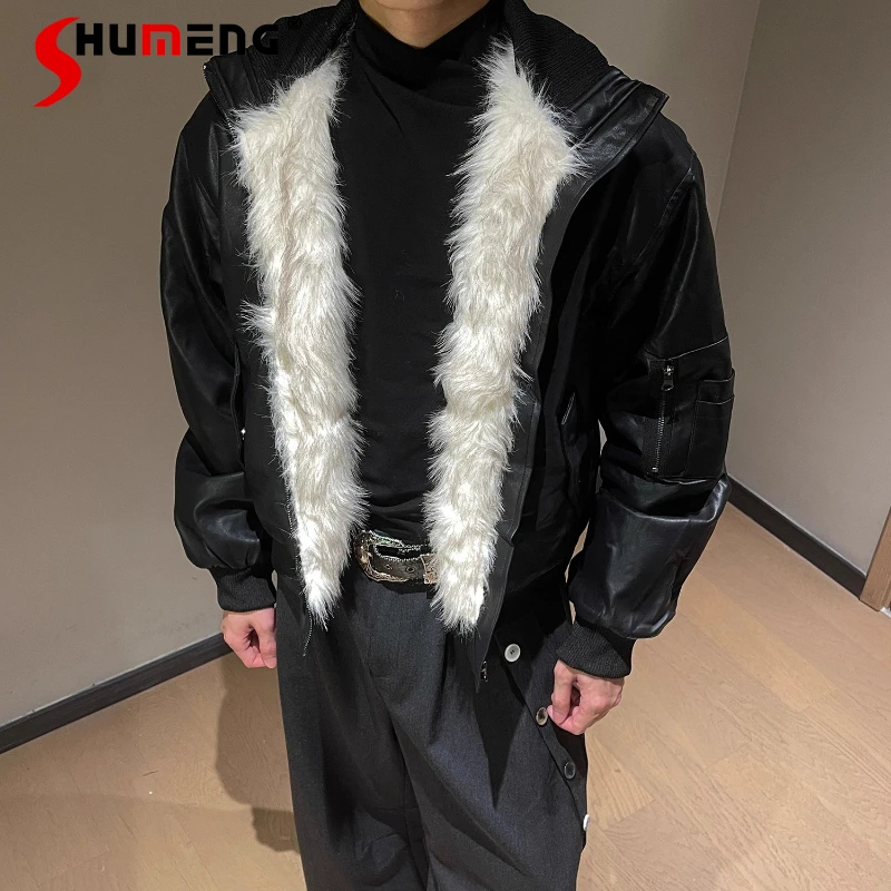 

Мужские зимние новые куртки из искусственной кожи 2025 года, толстые пальто, куртки из искусственного меха в американском стиле, мужские стильные шикарные пальто с длинными рукавами
