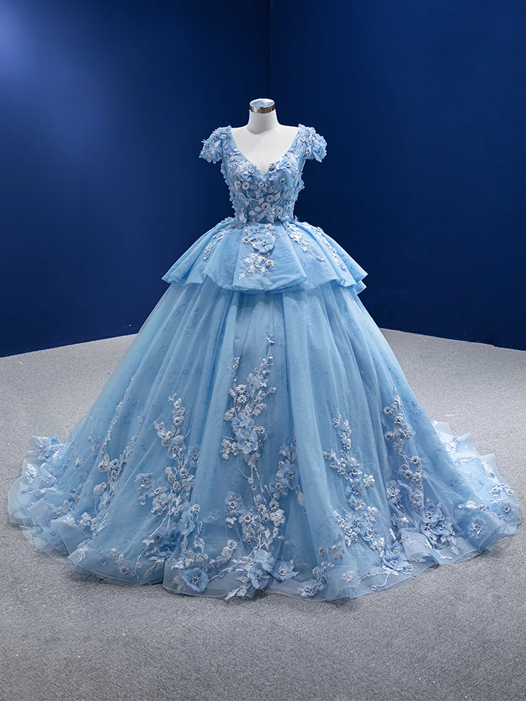 Sky Blue Quinceanera Dresses Ball Gown V-neck Cap Sleeves Tulle Appliques Beaded Mexican Sweet 16 Dresses 15 Anos