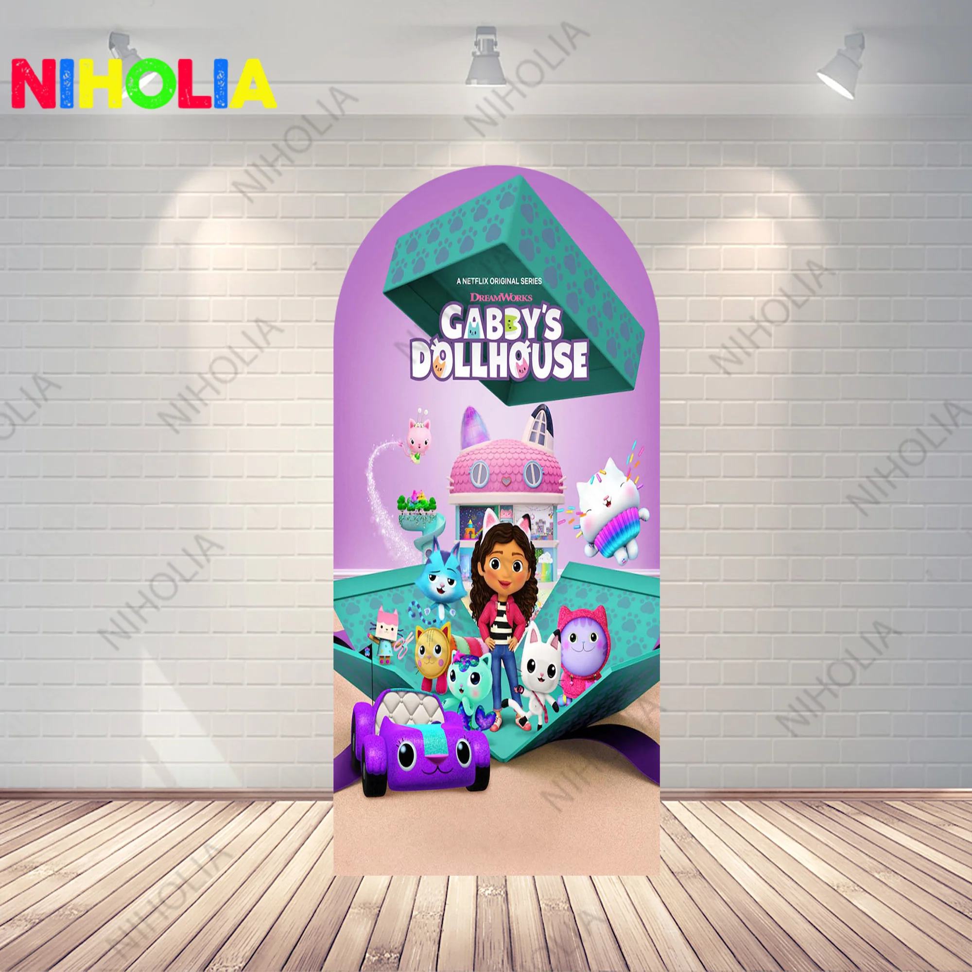 Imagem -03 - Gabby Dollhouse Arch Backdrop Tecido Lateral Duplo Capa Arqueada Photo Booth Props Decoração de Festa de Aniversário para Meninas Baby Shower