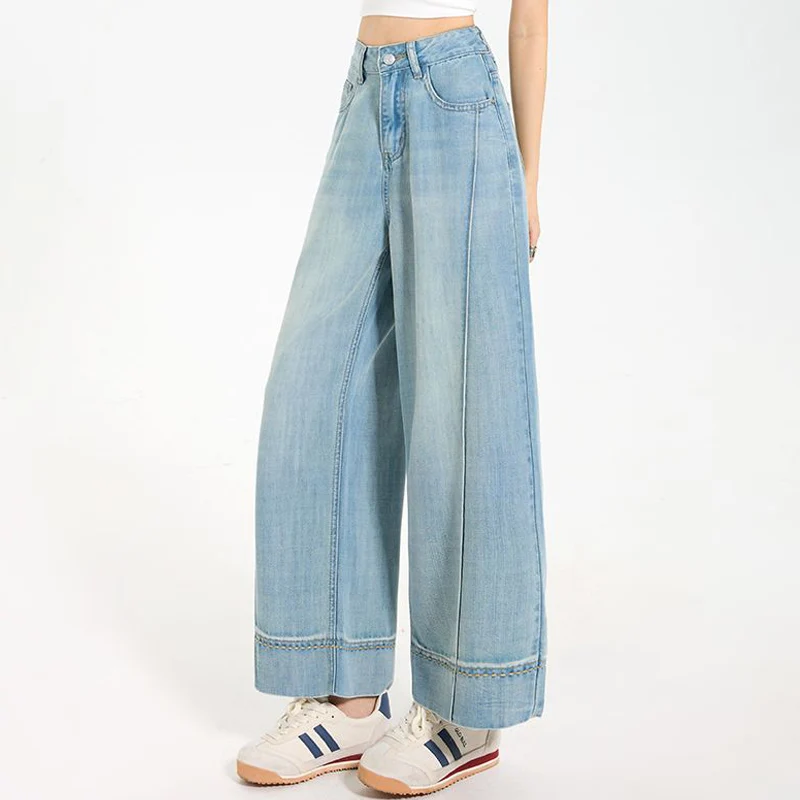 

Summer Cool Feel Women's Denim Pants Old Blue Washed Female Jeans Ladies Streetwear Straight Casual Loose Wide Leg Trousers