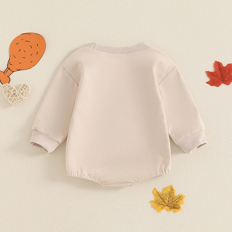 2024-07-03 Lioraitiin Baby Thanksgiving Casual Romper Long Sleeve O Neck Letter and Turkey Print Romper