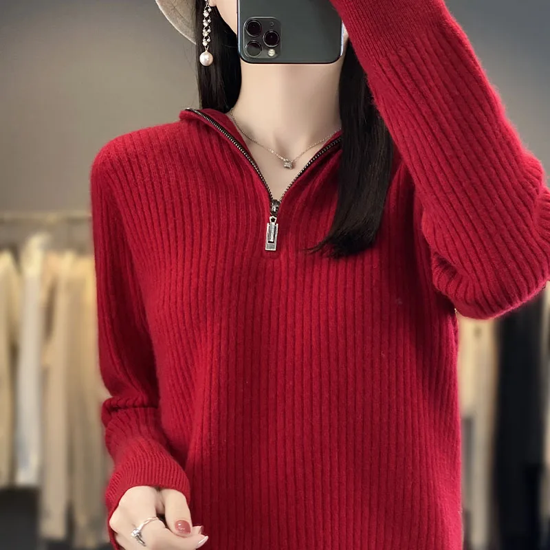 Women's boutique high-end hooded knitted cashmere sweater with zippered collar pullover, long sleeved new cashmere sweater