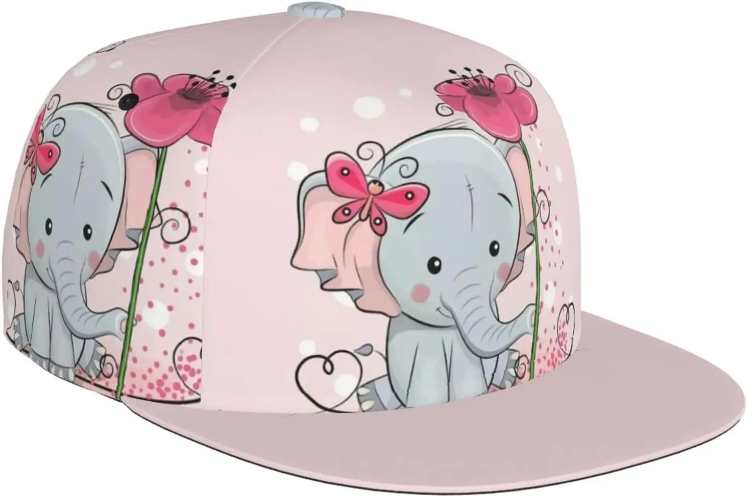 Lovely Elephant Butterfly Flower Pattern Flat Bill Hat, Unisex Snapback Baseball Cap Hip Hop Style Flat Visor Blank Adjus