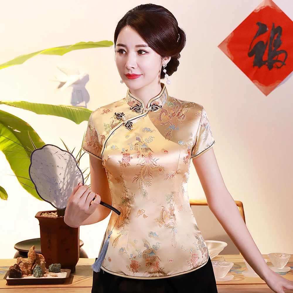 Dragon Phoenix Chinese National Women Blouse NEW Casual Summer Short Sleeve Shirt Tops Traditional Mandarin Collar Clothing