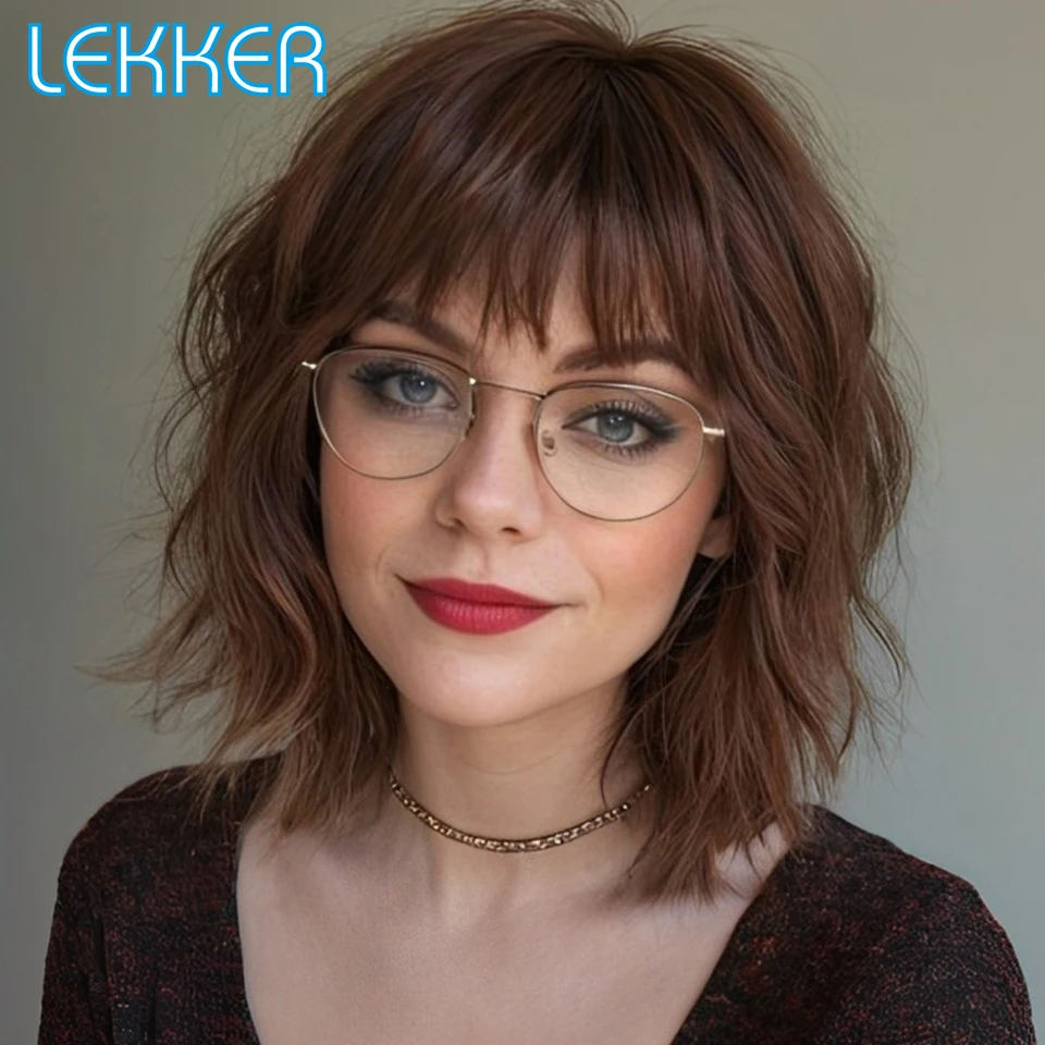 Lekker Chocolate Brown Short Water Wave Bob With Bangs 100% Human Hair Wigs For Women Brazilian Remy Hair Full Machine Made Wigs