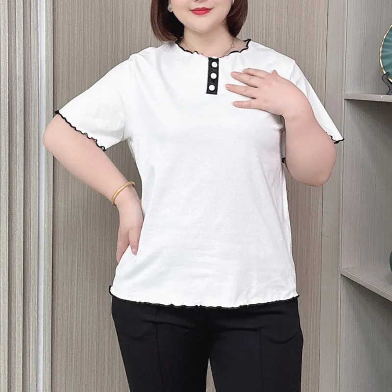 Ruffled Collar T-shirt Women 2024 Summer New Plus Size Casual Slim Thin Short Sleeve Tops