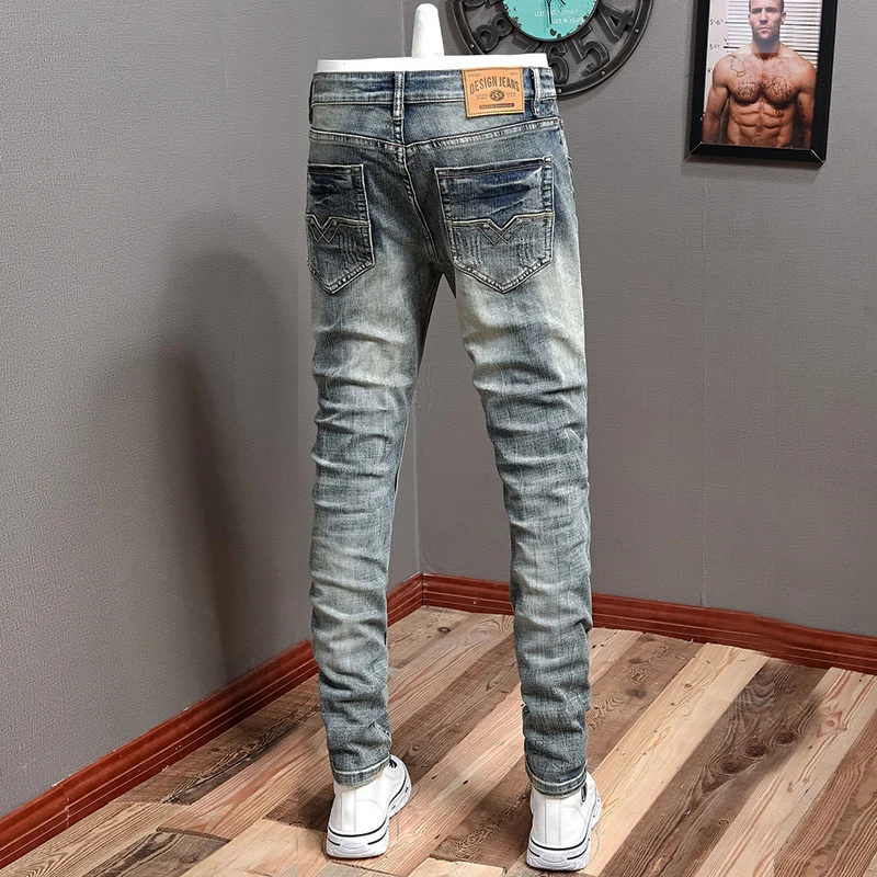 Fashion Vintage Men Jeans Retro Blue Stretch Elastic Slim Fit Ripped Jeans Men Embroidery Designer Casual Denim Pants Hombre
