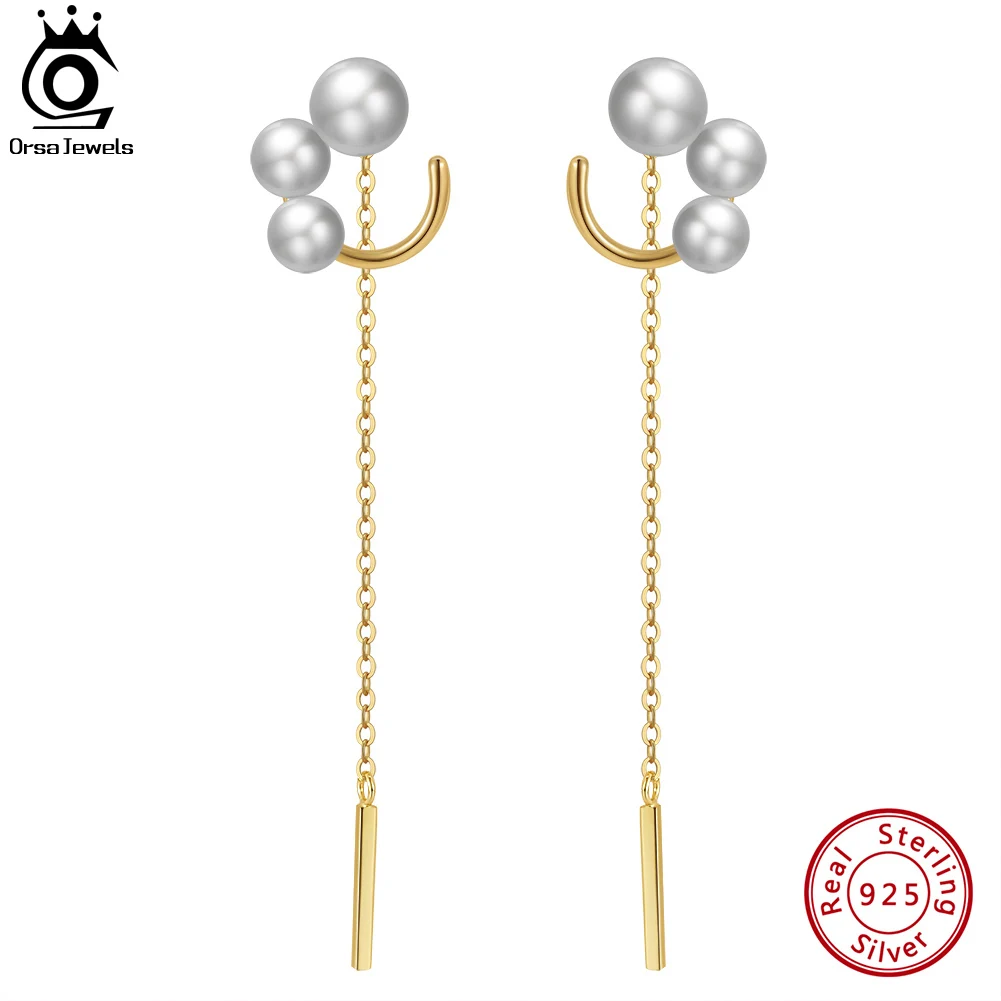 

ORSA JEWELS 925 Sterling Silver Long Drop Dangle Earrings with Natural Baroque Pearls for Women Ear Line Eardrop Jewelry GPE41