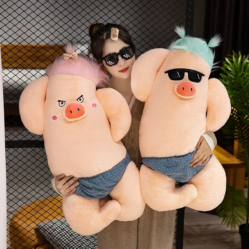 50/70cm Fun Cartoon Handsome Plush Pig Doll Pillow Pink Blue Hair Wearing Sunglasses And Jeans Posing Pig Plush Doll