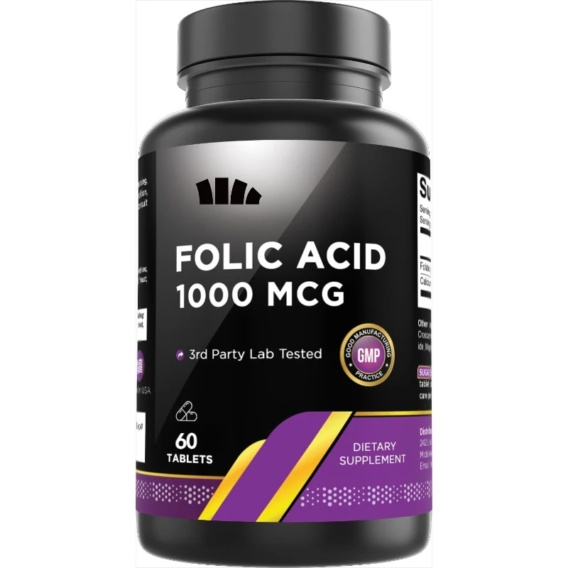 

Organic Folic Acid Supplement 1000 Micrograms Containing Lemon Peel Vitamin B9-60 Capsules - High-quality Dietary Supplement