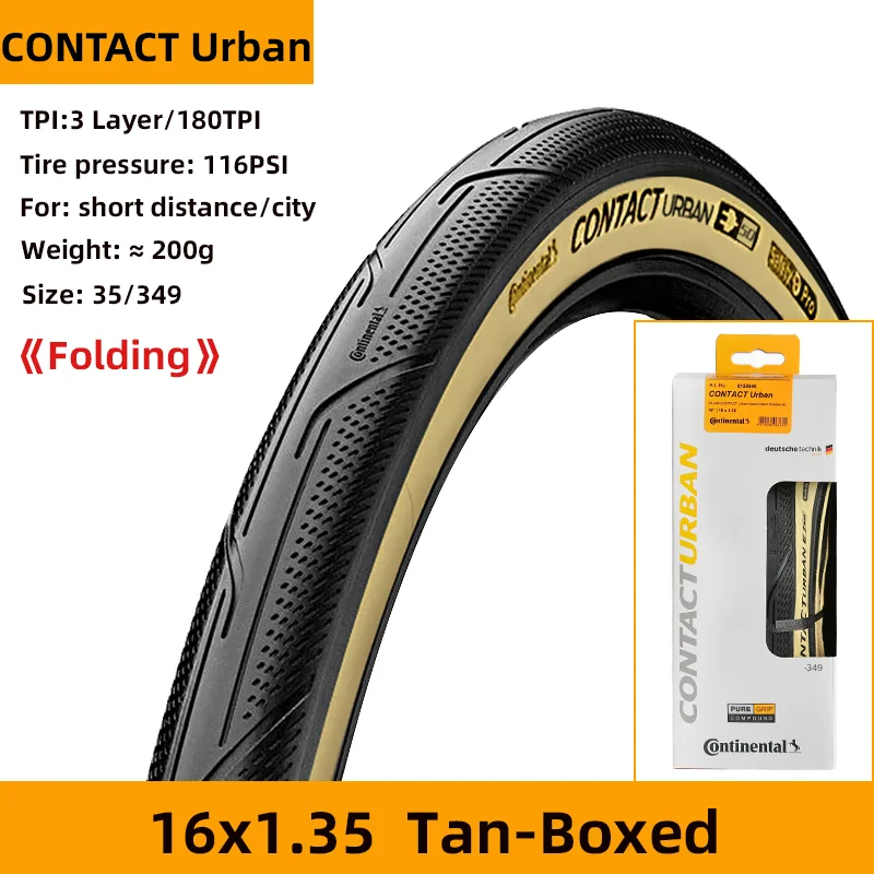 Continental Contact Urban 16 inch 35-349 16x1.35 Folding Bike Tire for Brompton 3sixty Pikes Tan/Brown/Reflex Skin 180TPI