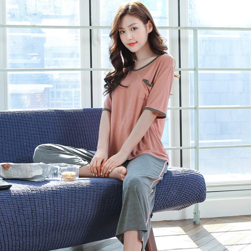 Summer Female Contrast Middle-aged Pajamas Modal Cotton Thin Cropped Pants Two-piece Set Mom Short-sleeved Loungewear