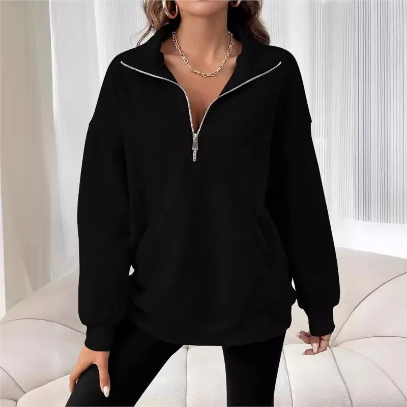 Grey Autumn Winter Women\'s Hoodies Solid Color Loose Short Half Zip Pockets Thumb Hole Long Sleeve Pullover Sweatshirts Hoody