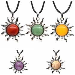 Natural Stone Sun Flower Pendant Vintage Healing Crystal Necklace Retro Style Round Amethysts Lucky Gems JewelryAccessories Gift