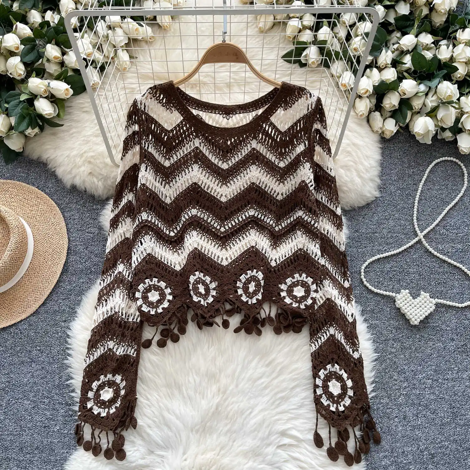 Zig Zag Crochet Top Long Sleeve V-Neck Wavy Striped Open-knit Pullover Sweater for Women Teen-girl Boho Vacation Outfit