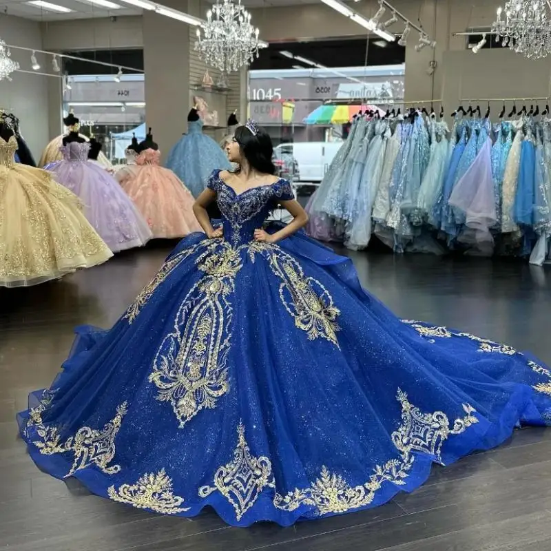 Treasure Blue Gorgeous Princess 15 Quinceanera Dresses Glitter Off Shoulder Crystal Applique Beaded Cathedral Train Prom Lace UP