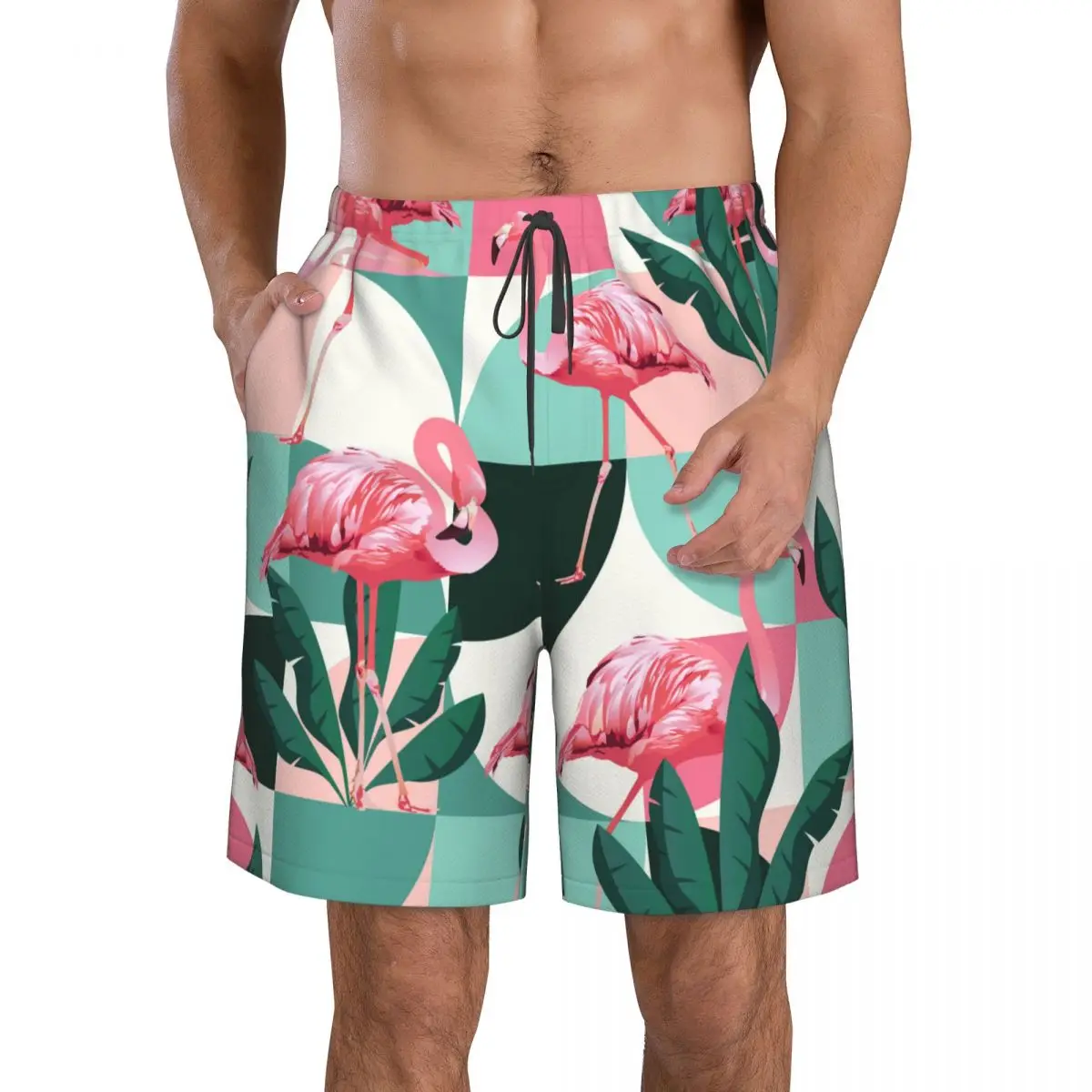 Mens Swimming Shorts Swimwear Jungle Pink Flamingos With Banana Leaves Men Trunks Swimsuit Beach Wear Boardshorts