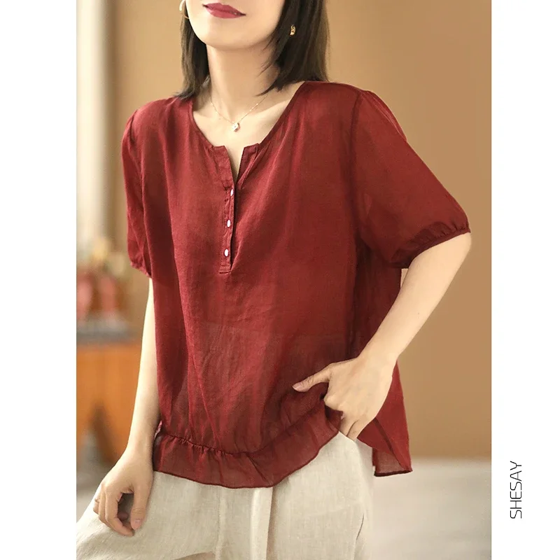 Women Vintage Ramie Short Sleeve Blouse Half Button V Neck Ruffle Hem Loose Casual Summer Top