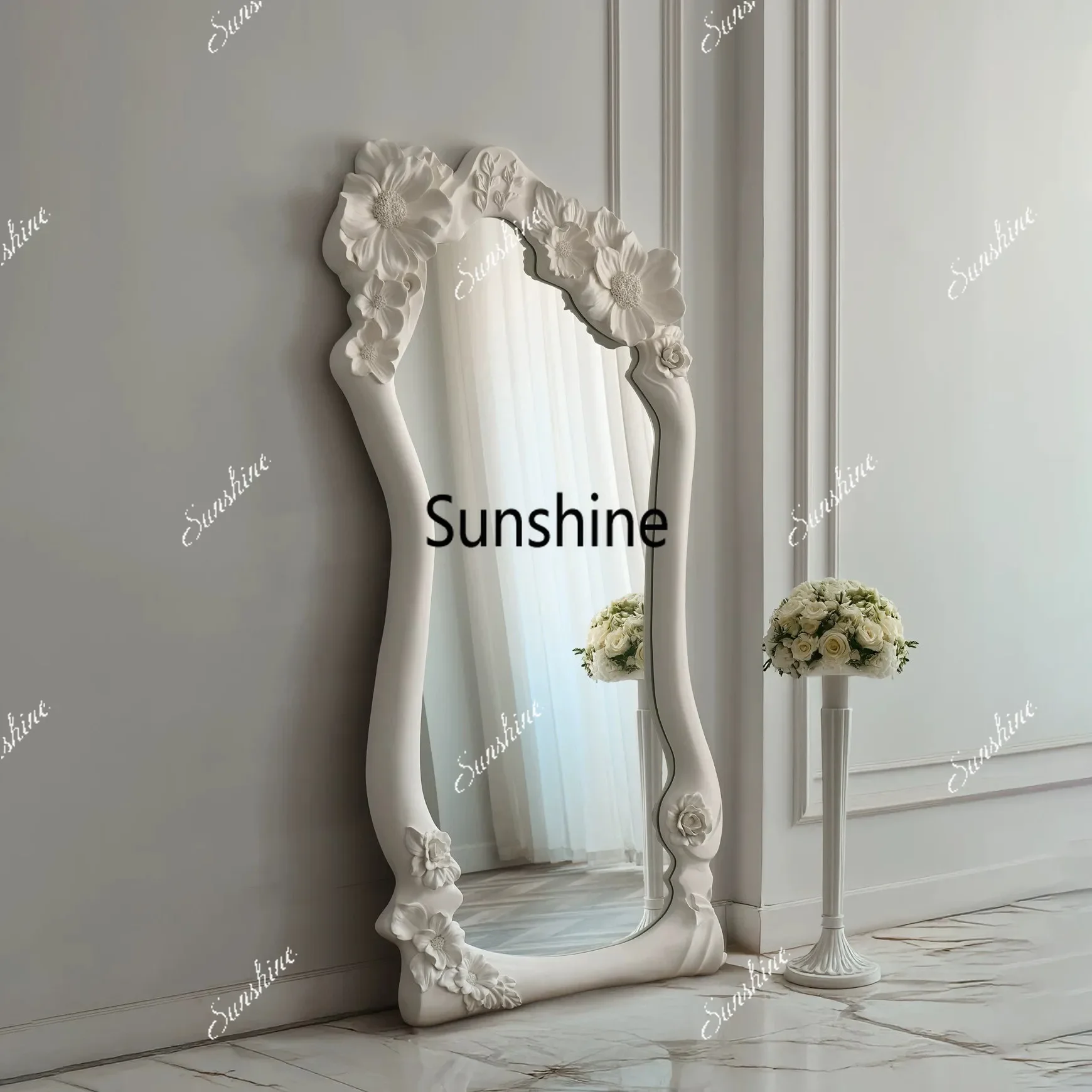 Cream wind carved full mirror bedroom coat rack fitting mirror decorative mirrorTJ