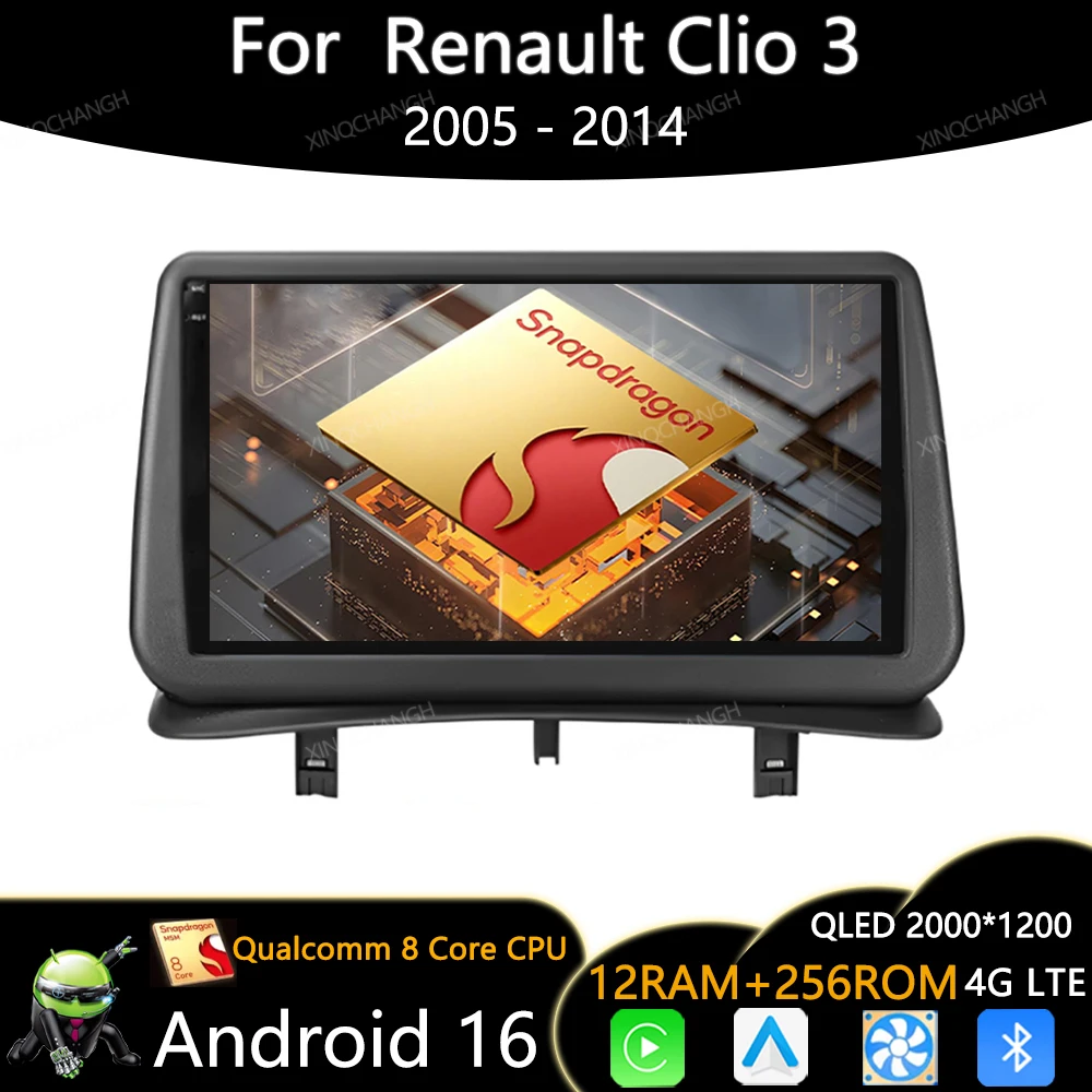 Android 16 Car Radio For Renault Clio 3 2005 - 2014 Navigation QLED Head Unit Multimedia Video Player 2DIN GPS 4G WIFI Qualcomm