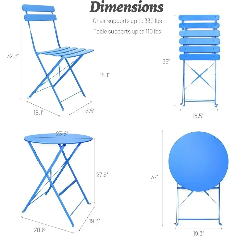 Blue Outdoor Bistro Set with Cushions for Balcony, Porch, and Garden
