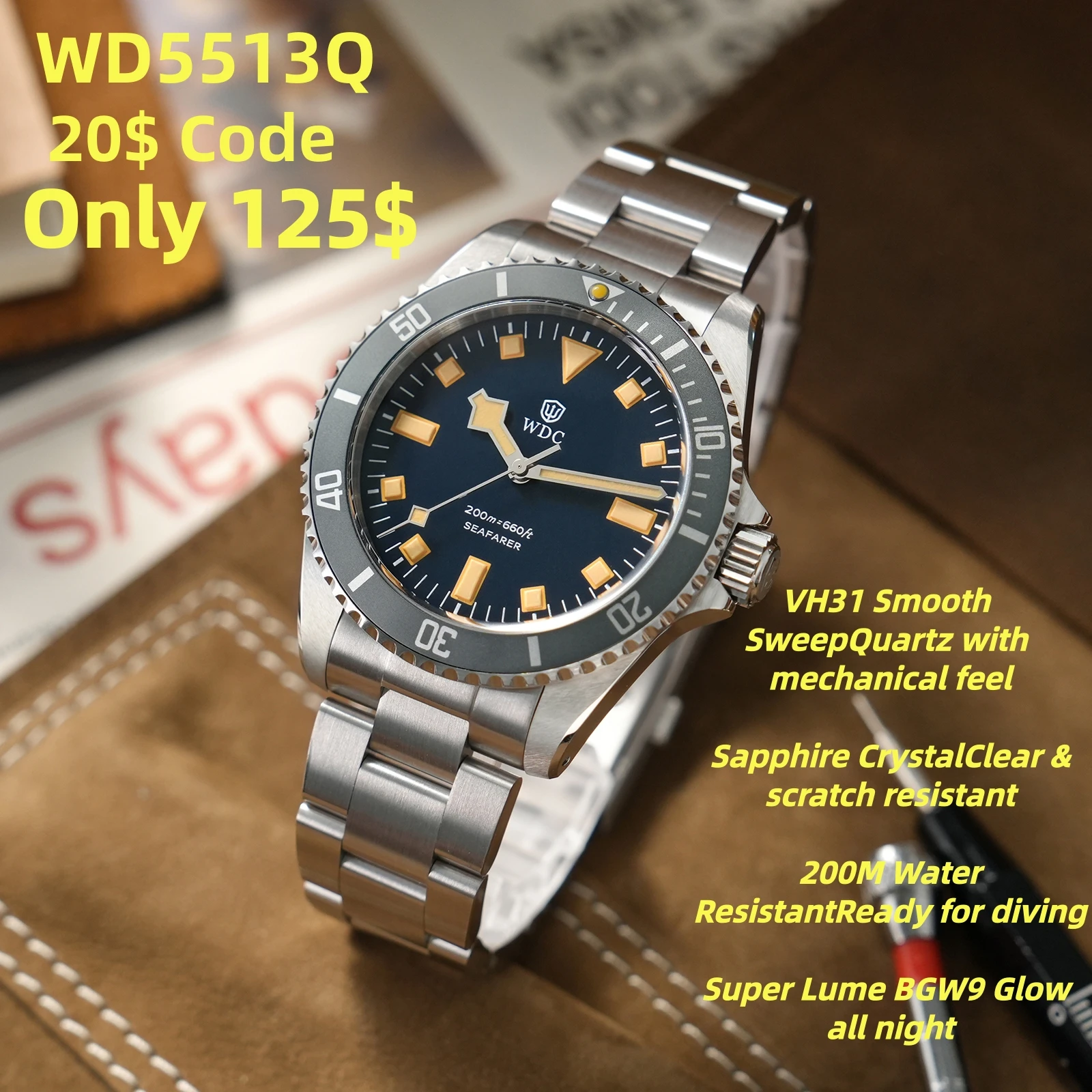 

Кварцевые часы Watchdives WD5513Q с механизмом VH31, секундной стрелкой, сапфировым стеклом, водонепроницаемостью 200 м, подсветкой BGW9, 40 мм, из нержавеющей стали