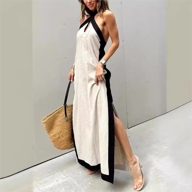 Boho Summer Sexy Women\'s Dress New Style Cotton Linen Backless Halterneck Slit Vintage Prom Dresses For Women Maxi Robe Femme