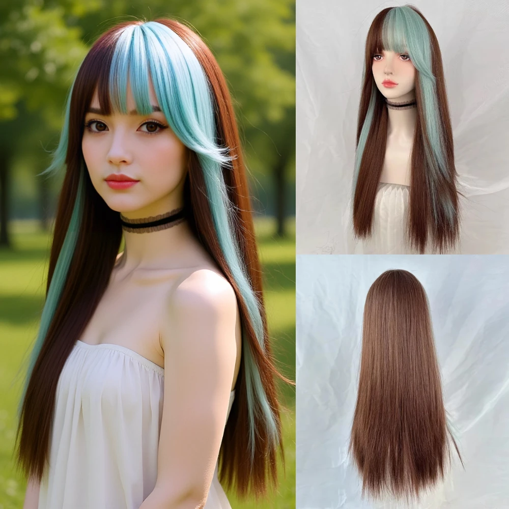 

Женский синтетический длинный прямой зеленый коричневый многослойный парик с эффектом омбре, парик Лолиты для косплея, пушистый парик для повседневной вечеринки