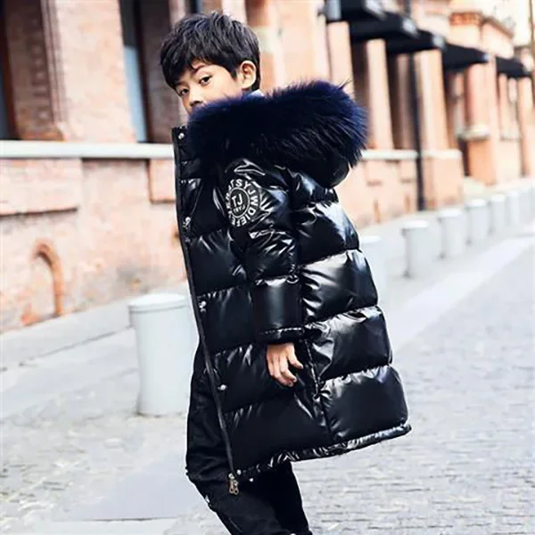 Boys and Girls Winter Padded Jacket Long Down Padded Jacket Children Padded Jacket Thickened Warm Bright Leather Waterproof