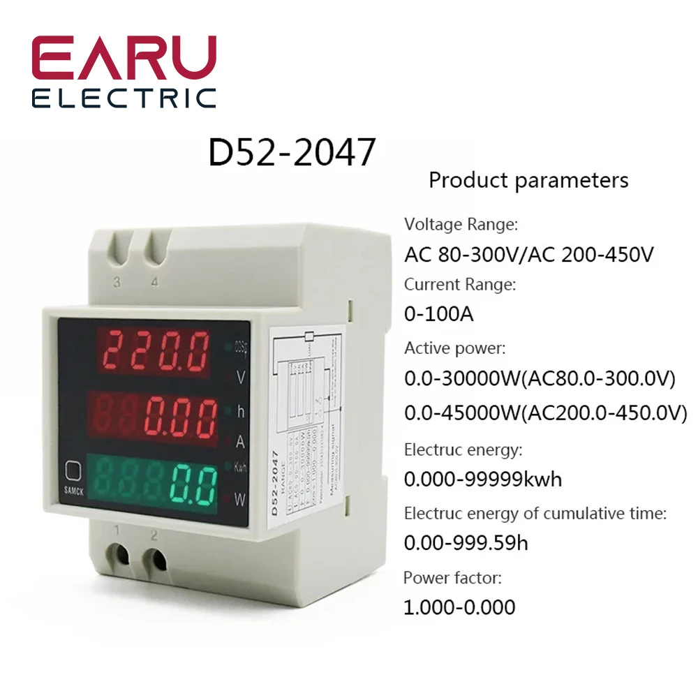 DIN-rail Multi-function Meter AC80-300V AC200-450V 100A Digital LED Voltage Current Active Power Factor Energy Meter Voltmeter