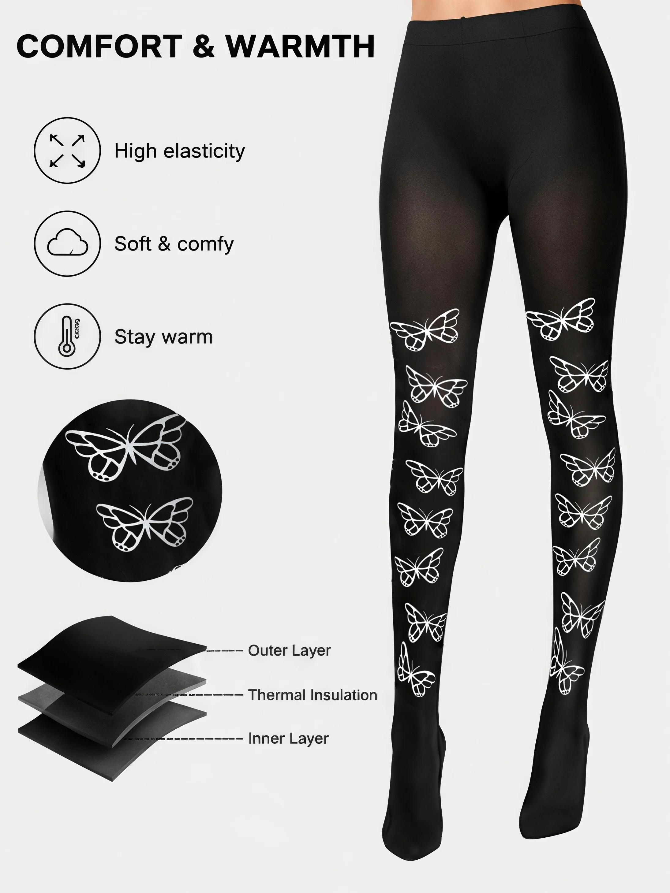 1Pc 80g Unique White Butterfly Print Leggings High Waist High Stretch Trendy Streetwear for Hot Girls Versatile Skinny Pants