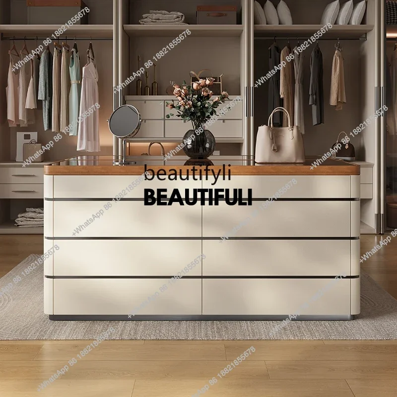 ss8350 Minimal light luxury chest leather jewelry Italian storage solid wood middle island cabinet with lamp
