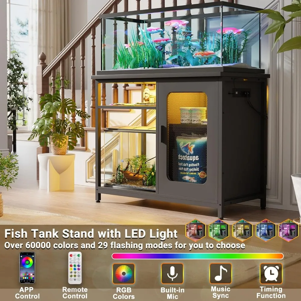 20-29 Gallon Fish Tank Stand with Power Outlets & LED Light, Reversible Metal Aquarium Stand with Cabinet for Fish Tank