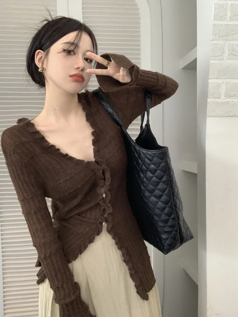 

Vintage Sweater for Women V-neck Long Sleeve Tunic Sueter 2022 Ropa Mujer Sweet Ruffles Knitted Cardigan Y2k Tops Korean Sueter