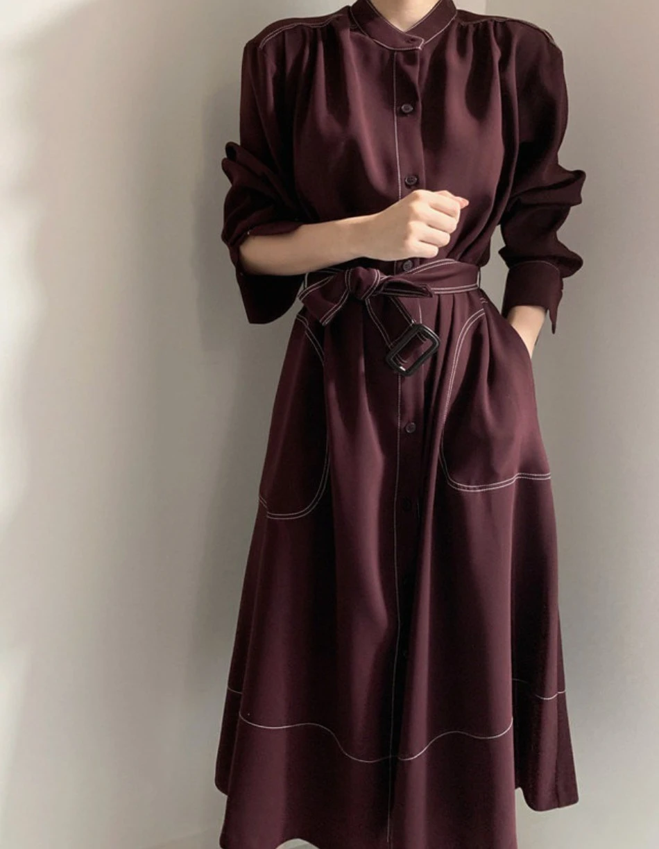 Neues Frühlings-Herbst-Einreihiges Damen-Hemdkleid mit Stehkragen, koreanischer Casual-Stil, gerade geschnitten, elegantes langes Kleid für Damen. – Detail 13